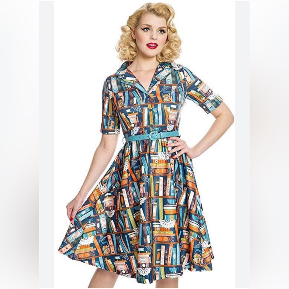 Lindy Bop Blue and Orange Retro Print Midi Dress